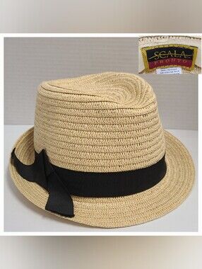 Scala Pronto Natural Paper Straw Fedora Hat Black Grosgrain Ribbon Bow